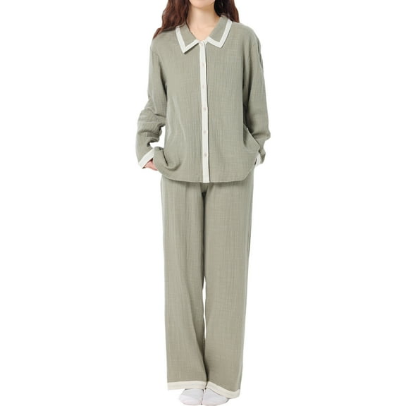 XuJwPNcy Women's 2 Piece Pajama Sets Long Sleeve Collared V Neck Button down Shirt with Wide Leg Pant Matching Pj Sets