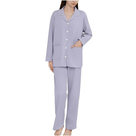 XuJwPNcy Women's 2 Piece Pajama Sets Long Sleeve Collared V Neck Button down Shirt with Wide Leg Pant Matching Pj Sets