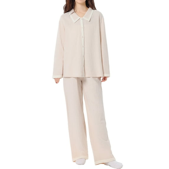 XuJwPNcy Women's 2 Piece Pajama Sets Long Sleeve Collared V Neck Button down Shirt with Wide Leg Pant Matching Pj Sets