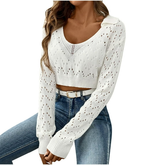 XuJwPNcy Women's Fall Crochet Sweater Long Sleeve Scoop Neck Cropped Sweaters Hollow out Knit Pullover