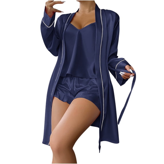 XuJwPNcy Women's 3pc Satin Pajamas Sets Silk Bathrobes with V Neck Cami Tank and Shorts Sets Sleepwear Lounge Sets