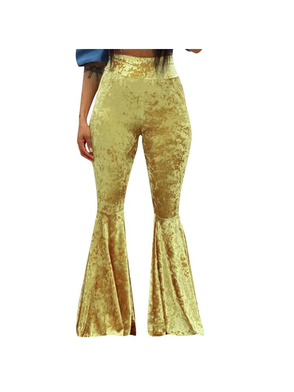 Women's Bell Bottom Velvet Pants High Waist Ruffle Bottom Casual Party Clubwear Fashion Bootcut Pants