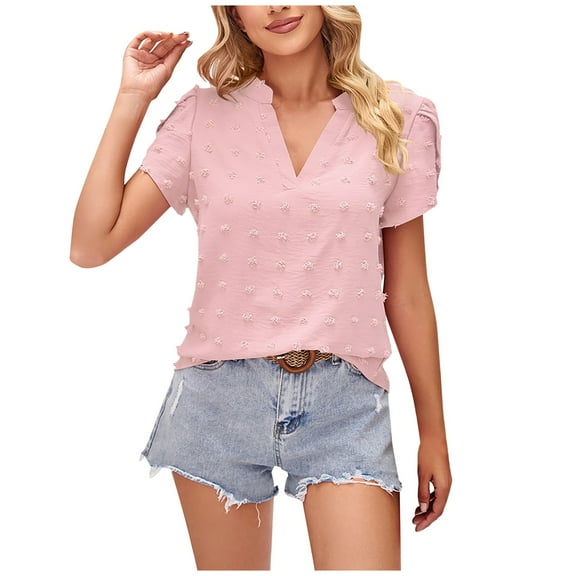 XuJwPNcy Women's Blouse V Neck Shirt Dressy Casual Work Tops Chiffon Blouse Summer Petal Short Sleeve Tunic Shirts
