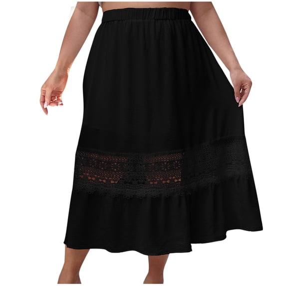 cfhntfmh Women's Boho Skirts Elastic High Waist Pleated A-Line Hollow out Skirt Ruffle Lace Trim Tiered Midi Skirts