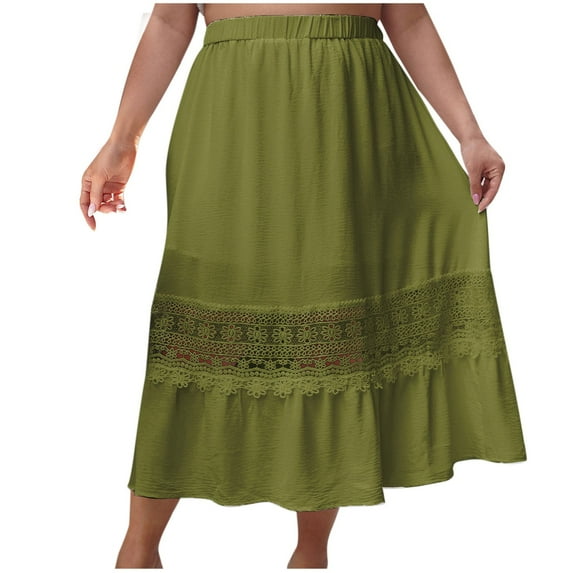 XuJwPNcy Women's Boho Skirts Elastic High Waist Pleated A-Line Hollow out Skirt Ruffle Lace Trim Tiered Midi Skirts