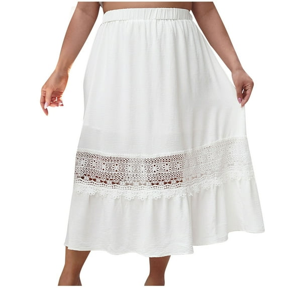 cfhntfmh Women's Boho Skirts Elastic High Waist Pleated A-Line Hollow out Skirt Ruffle Lace Trim Tiered Midi Skirts