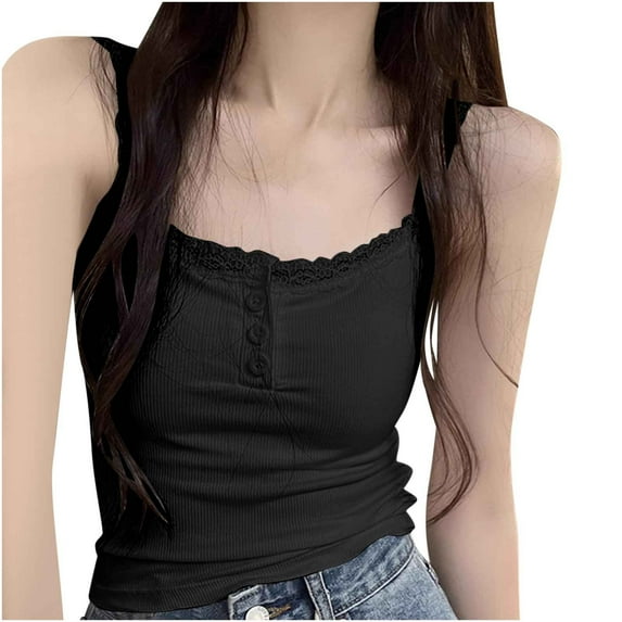 XuJwPNcy Women's Cami Tank Top Square Neck Lace Trim Button Front Camisole Slim Fit Summer Sleeveless Going out Top