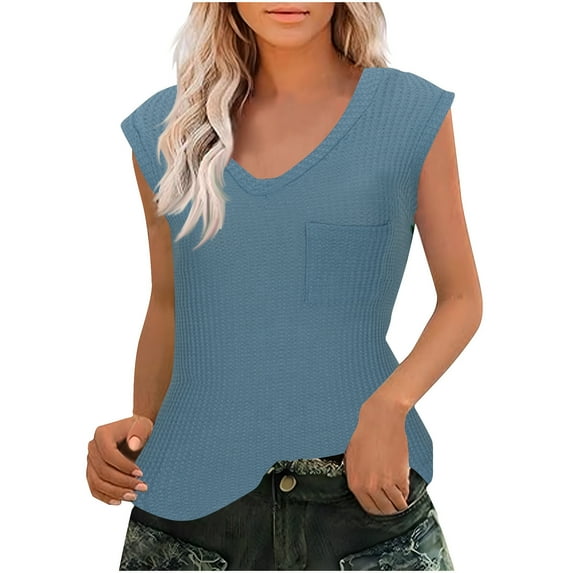 Yuzhih Women's Cap Sleeve Tank Tops Loose V Neck Work Shirts Solid Color Pocket Blouse 2024 Fashion Clothes