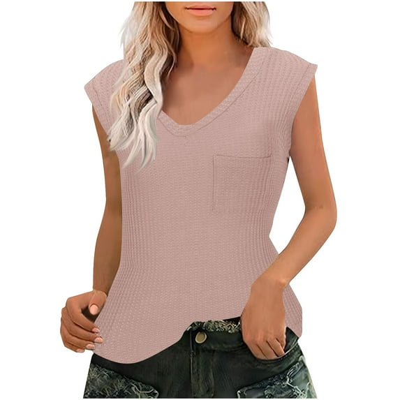 XuJwPNcy Women's Cap Sleeve Tank Tops Loose V Neck Work Shirts Solid Color Pocket Blouse Fashion Clothes