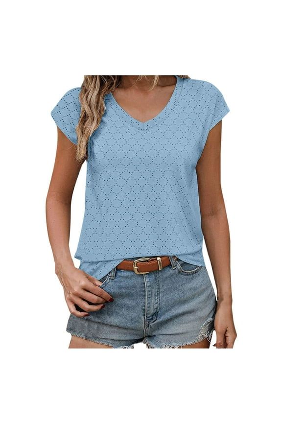 Yuzhih Women's Cap Sleeve Tops Spring Summer Fashion Hollow out Shirts V Neck Soft Comfy Tshirts