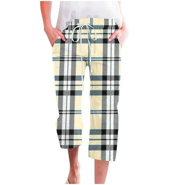Yuzhih Women's Capri Pants Drawstring High Waisted Wide Leg Cropped Pants 2025 Fashion Plaid Printed Capris
