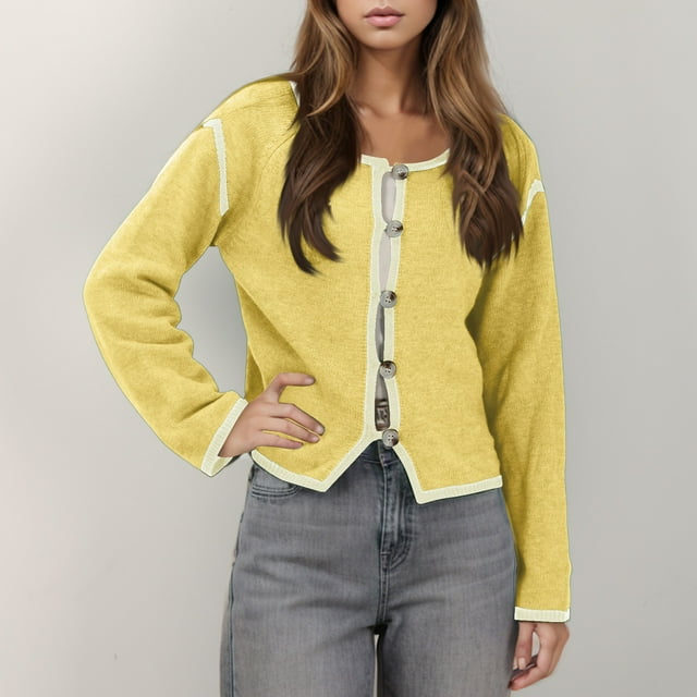Yuzhih Women's Cardigan Sweater Solid Button down Round Neck Long Sleeve Open Front 2024 Fall Fashion Sweaters