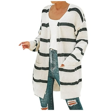 Yuzhih Women's Cardigan Sweaters 2024 Fashion Striped Long Sleeve Mid Knit Sweaters with Pockets Fall Tops