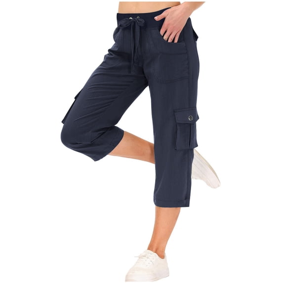 XuJwPNcy Women's Cargo Capris Pants Casual Drawstring Straight Leg Capri Pants with Pockets Lightweight Travel Hiking Pants