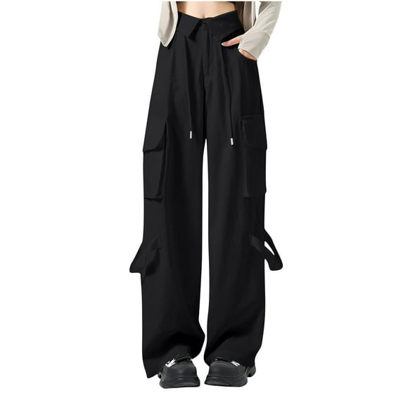 XuJwPNcy Women's Cargo Pants Casual Drawstring V Waisted Wide Leg Pants with Flap Pockets Trendy Solid Hiking Trousers