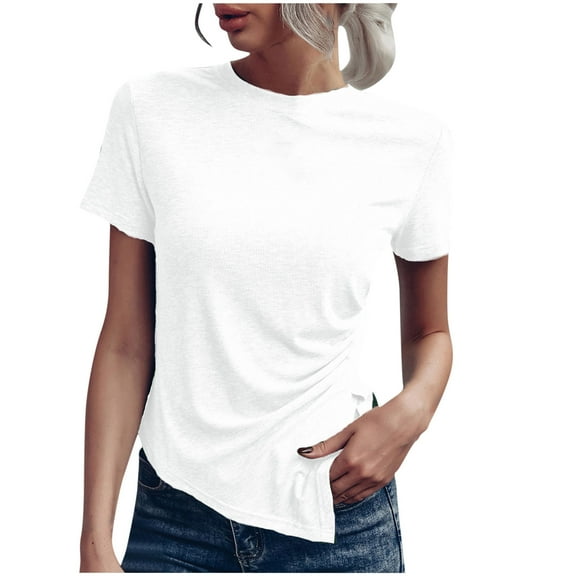 XuJwPNcy Women's Casual Asymmetrical Hem Short Sleeve Tee Top Solid Color Slim Fitted T Shirts Comfy Summer Blouses