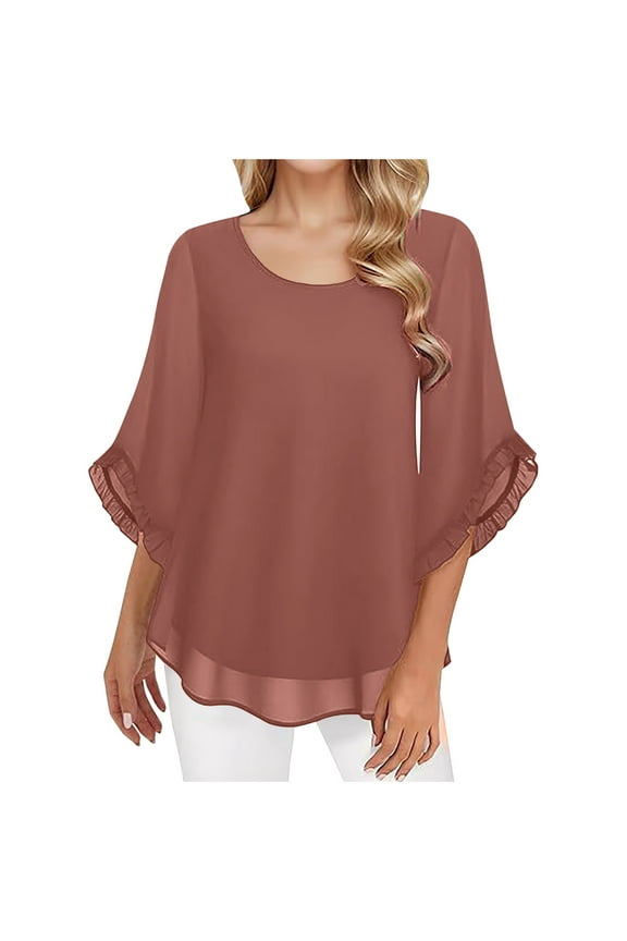 Women's Chiffon Blouse Tops 3/4 Ruffle Sleeve Double Layers Flowy Shirts Elegant Scoop Neck Blouses Tees