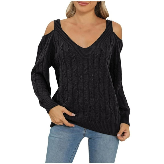 XuJwPNcy Women's Cold Shoulder Sweater V Neck Knit Long Sleeve Sweater Tops Casual Fall Trendy Pullover Top