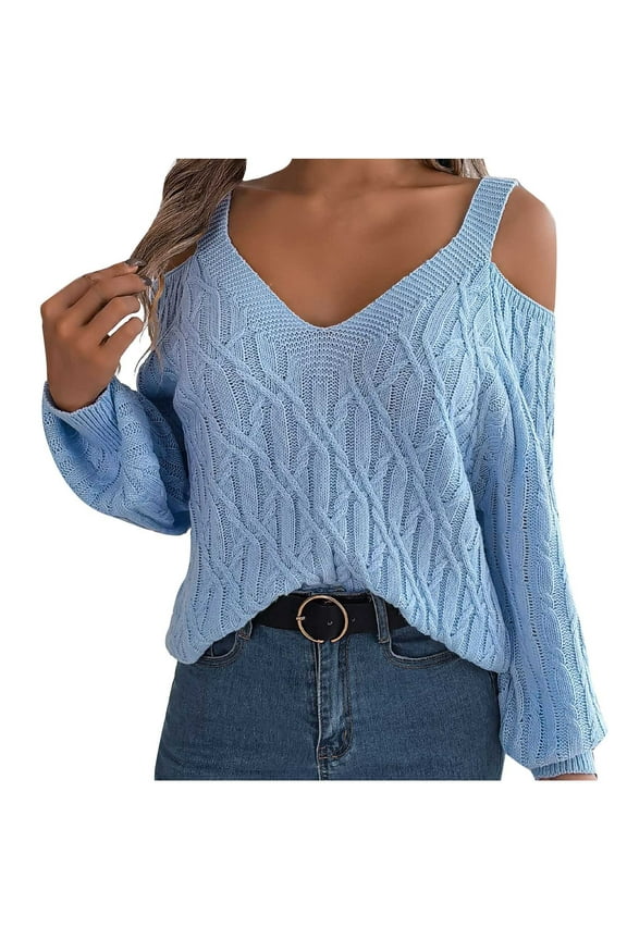 Women's Cold Shoulder Sweaters V Neck Long Sleeve Pullover Tops Casual Baggy Knit Shirts
