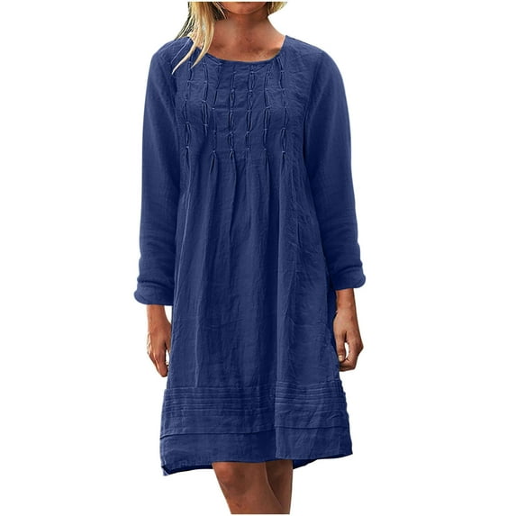 Yuzhih Women's Cotton Linen Dress Beach Vacation Casual Mini Dress Pleated Fall Round Neck Long Sleeve Dress