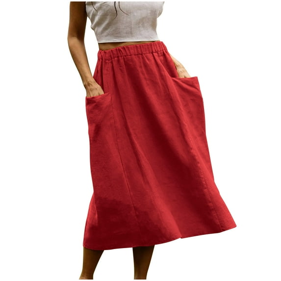 cfhntfmh Women's Cotton Linen Midi Skirts Boho Elastic Hgih Waist a Line Flowy Skirts with Pockets Casual Solid Beach Skirt
