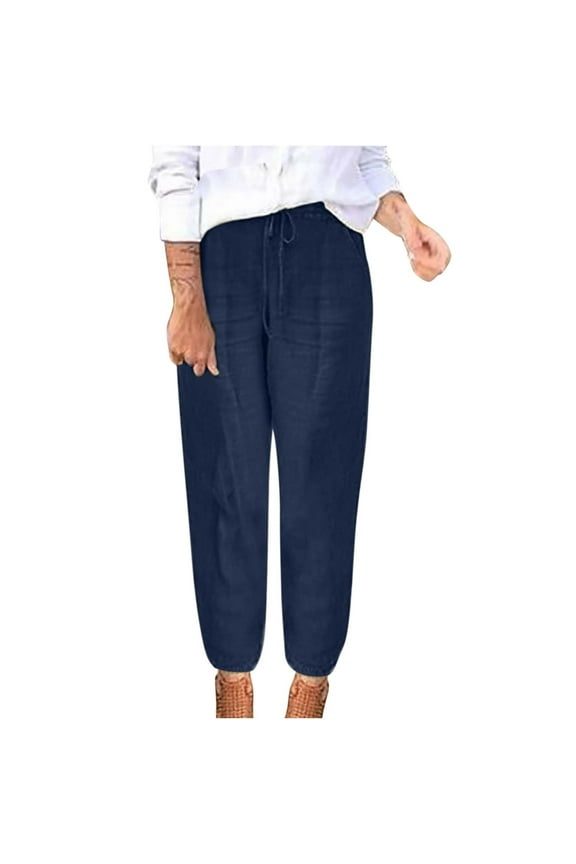 Women's Cotton Linen Pants Baggy Tapered Trousers with Pockets Elastic Waisted Cinch Bottom Lounge Pants