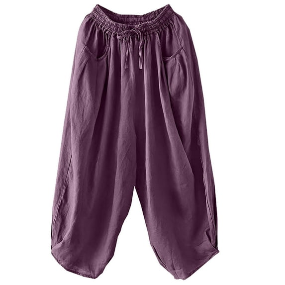 XuJwPNcy Women's Cotton Linen Pants Elastic Waist Drawstring Loose Cropped Pants Summer Fashion Crop Trousers