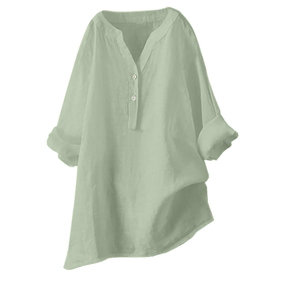 XuJwPNcy Women's Cotton Linen Shirts Button V Neck Long Sleeve Tops Baggy Solid Color Trendy Dressy Blouses