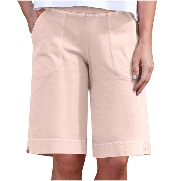 XuJwPNcy Women's Cotton Linen Summer Shorts Casual Bermuda Wide Leg Mid Length High Waisted Shorts with Pocket