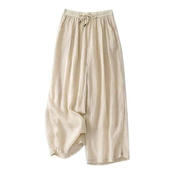 XuJwPNcy Women's Cotton Linen Wide Leg Pants Drawstring Waist Casual Palazzo Trousers with Pockets Baggy Flowy Pants
