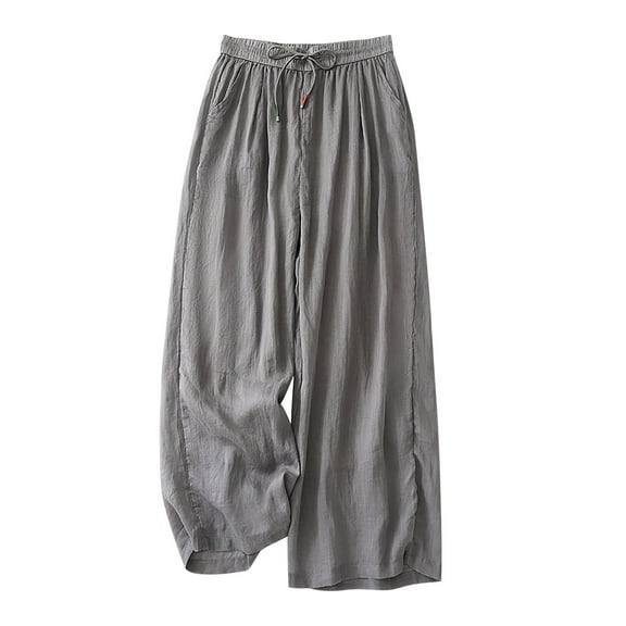 XuJwPNcy Women's Cotton Linen Wide Leg Pants Drawstring Waist Casual Palazzo Trousers with Pockets Baggy Flowy Pants