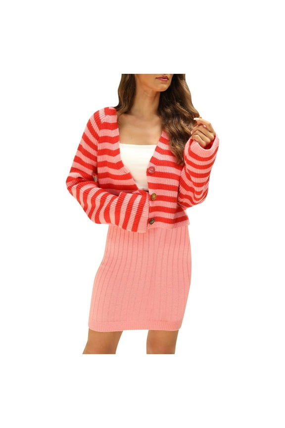 Women's Cropped Cardigan Sweater Fall Button down Striped Sweaters Trendy V Neck Knit Outwear