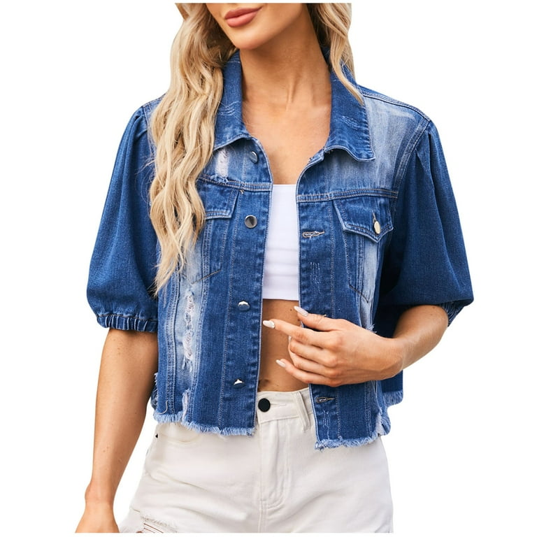 Yuzhih Women s Cropped Jean Jacket Distressed Half Sleeve Button down Frayed Hem Crop Denim Jacket Coat Walmart
