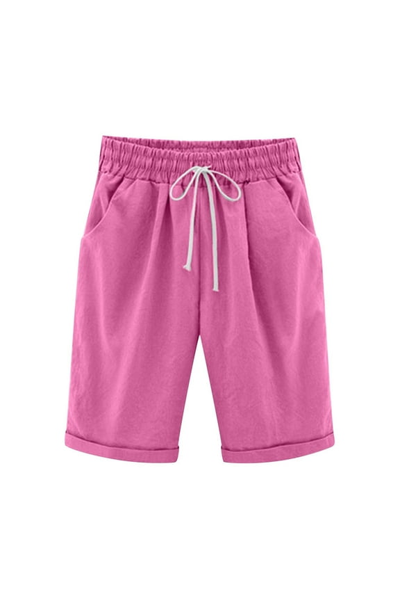 XuJwPNcy Women's Elastic Waist Casual Comfy Cotton Linen Beach Shorts with Drawstring Pockets Knee Length Curling Bermuda Shorts Womens Clothes