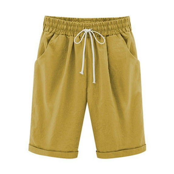 Yuzhih Women's Elastic Waist Casual Comfy Cotton Linen Beach Shorts with Drawstring Pockets Knee Length Curling Bermuda Shorts Womens Clothes