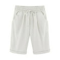 thumbnail image 1 of Yuzhih Women's Elastic Waist Casual Comfy Cotton Linen Beach Shorts with Drawstring Pockets Knee Length Curling Bermuda Shorts Womens Clothes, 1 of 2