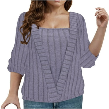 Yuzhih Women's Fall Sweaters Lightweight Square Neck Pullover Tops Casual Solid Long Sleeve Sweater Tops