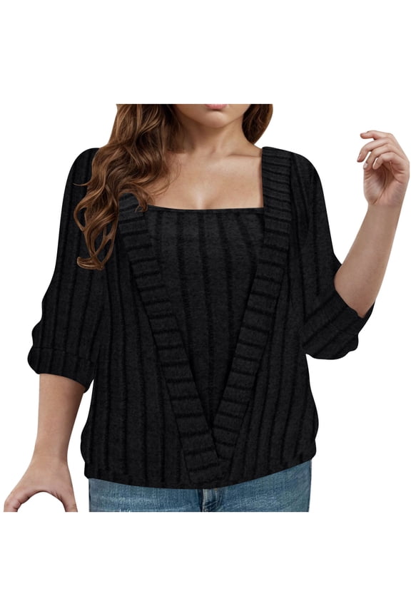 Women's Fall Sweaters Lightweight Square Neck Pullover Tops Casual Solid Long Sleeve Sweater Tops
