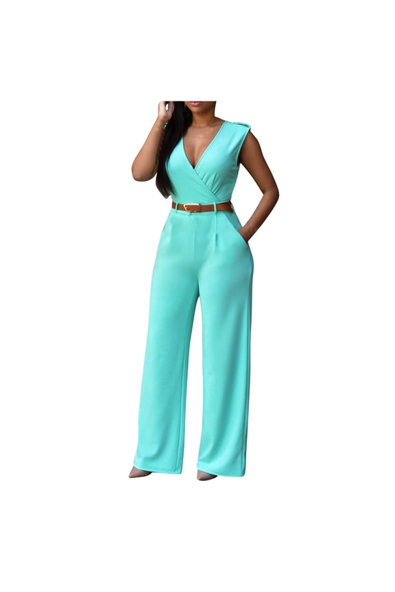 Yuzhih Women's Formal Jumpsuits Fashion Business Overalls Sleeveless Tank V Neck Wide Leg Loose Romper with Belt
