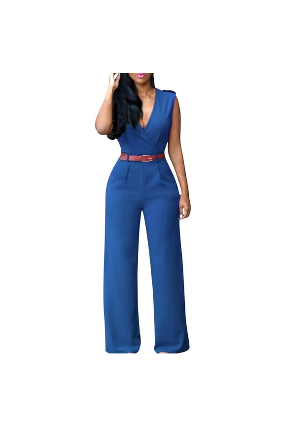 Women's Formal Jumpsuits Fashion Business Overalls Sleeveless Tank V Neck Wide Leg Loose Romper with Belt