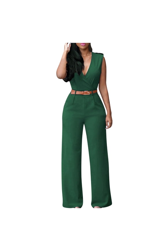 Yuzhih Women's Formal Jumpsuits Fashion Business Overalls Sleeveless Tank V Neck Wide Leg Loose Romper with Belt