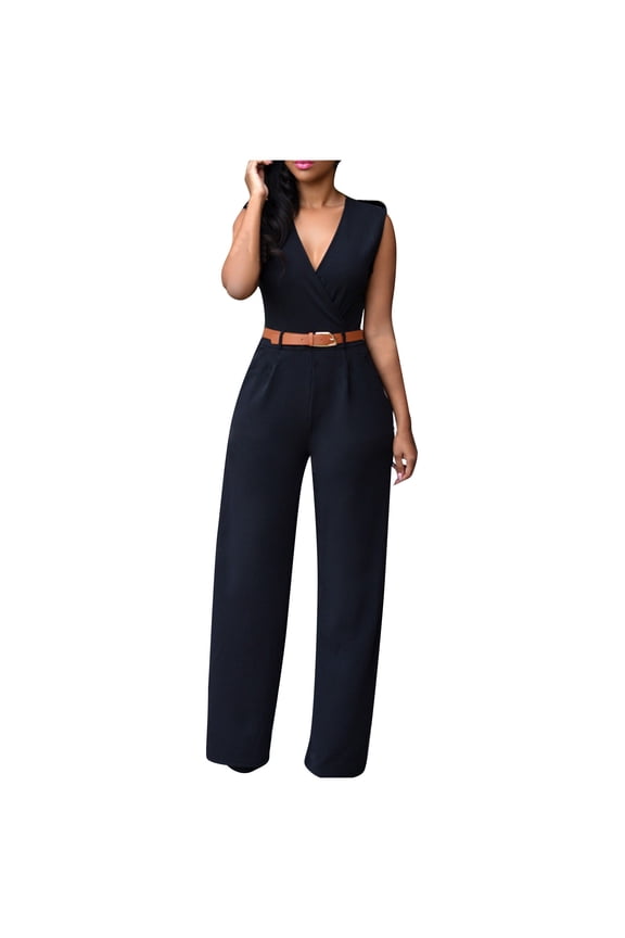 Women's Formal Jumpsuits Fashion Business Overalls Sleeveless Tank V Neck Wide Leg Loose Romper with Belt