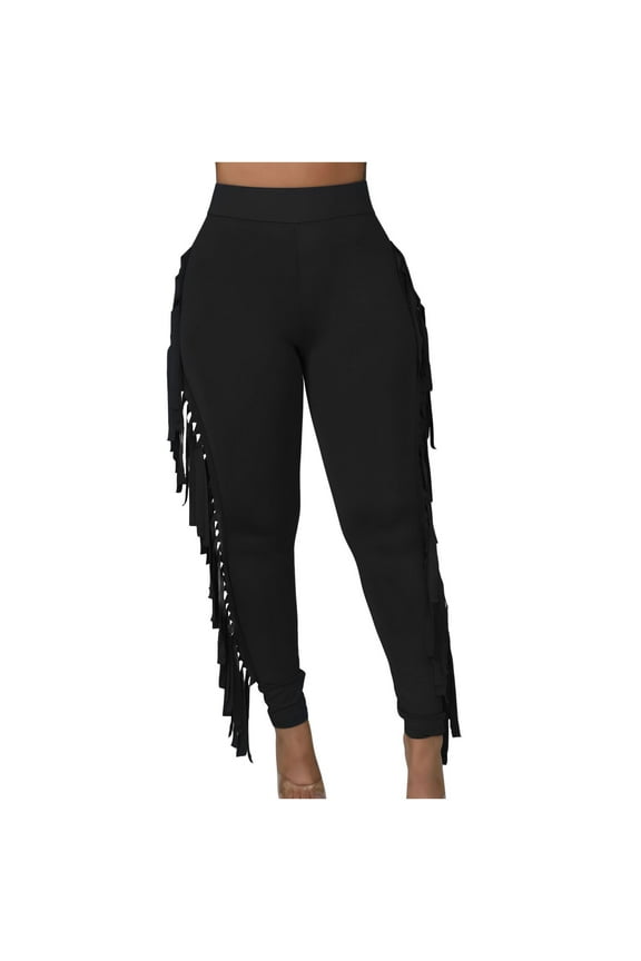 Women's Fringe Pants Casual Elastic High Waisted Solid Leggings Side Tassel Skinny Pants Bottom Clubwear