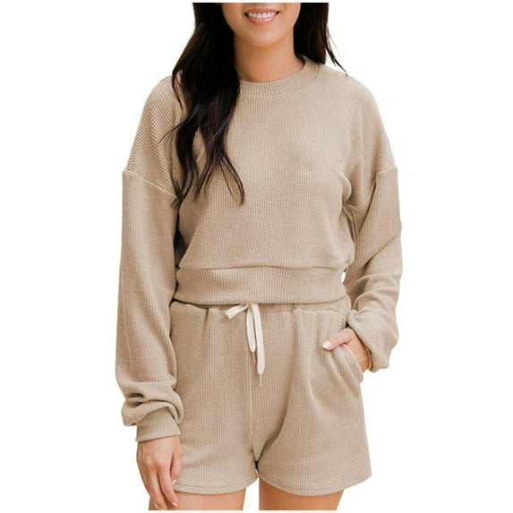 XuJwPNcy Women's Knit Lounge Set Long Sleeve Round Neck Top and Shorts Pajama Sets Sleepwear Loungewear with Pocket