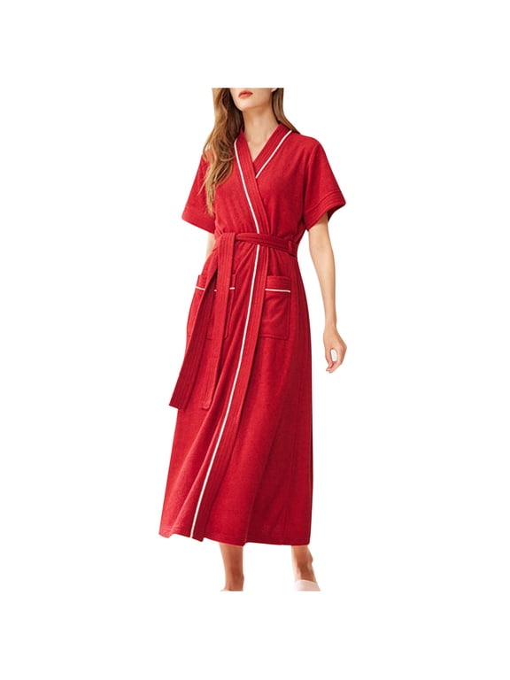 Women's Long Robes Lightweight Soft Short Sleeve Bathrobes with Belt Warm Comfy Sleepwear with Pockets