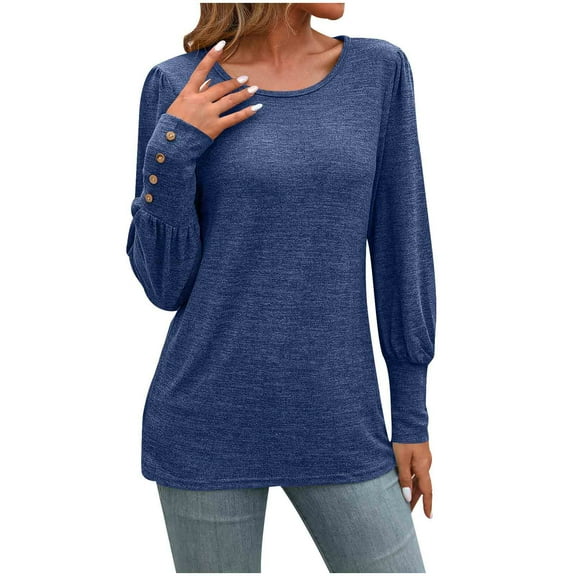 Yuzhih Women's Long Sleeve Shirts Casual Crew Neck Puff Sleeve Loose Flowy Blouse Shirts Tunic Fall Tops
