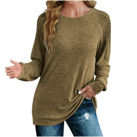 XuJwPNcy Women's Long Sleeve Shirts Fall Tops Dressy Casual Blouses Pleated Round Neck Work Loose Tunic Tops