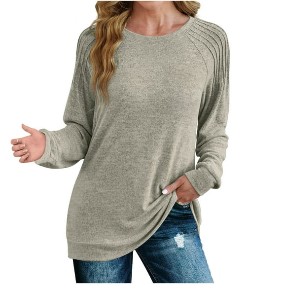 XuJwPNcy Women's Long Sleeve Shirts Fall Tops Dressy Casual Blouses Pleated Round Neck Work Loose Tunic Tops