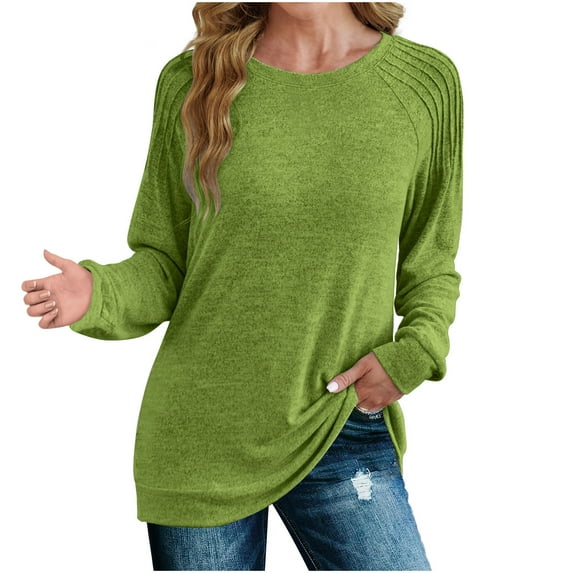 XuJwPNcy Women's Long Sleeve Shirts Fall Tops Dressy Casual Blouses Pleated Round Neck Work Loose Tunic Tops