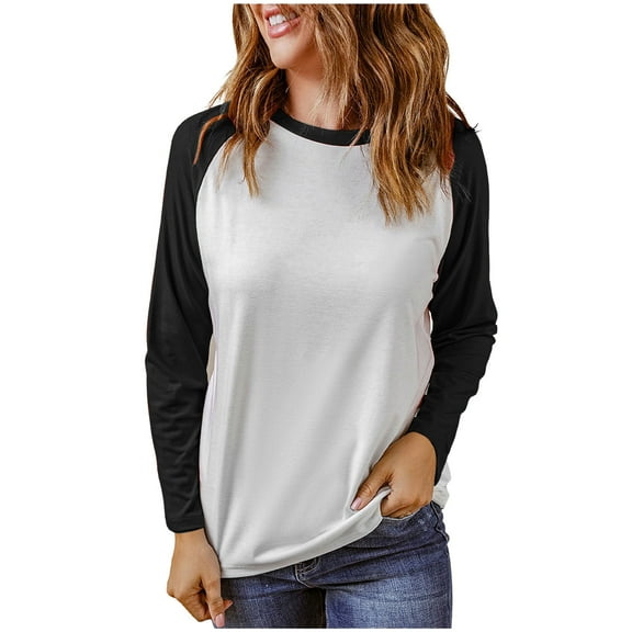 XuJwPNcy Women's Long Sleeve Shirts Slim Stretchy Color Block Tops Casual Crew Neck Pullover Tops Basic Tees